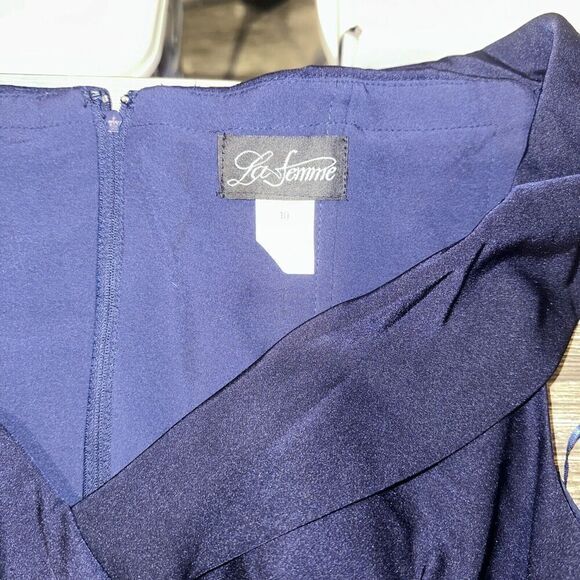 La Femme Navy Blue Off the Shoulder Ruched Lace Trumpet Gown Size 10. $438. 15 - Picture 8 of 9